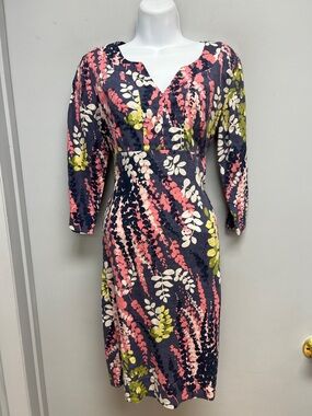 Boden Linen Floral Tunic Dress Blue Pink Green Print 3/4 Sleeve Size US 4L